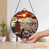 Mount Fuji Sunset Suncatcher Japanese Pagoda Stained Glass Sakura Flower Window Hanging Oriental Decor Gift Asian